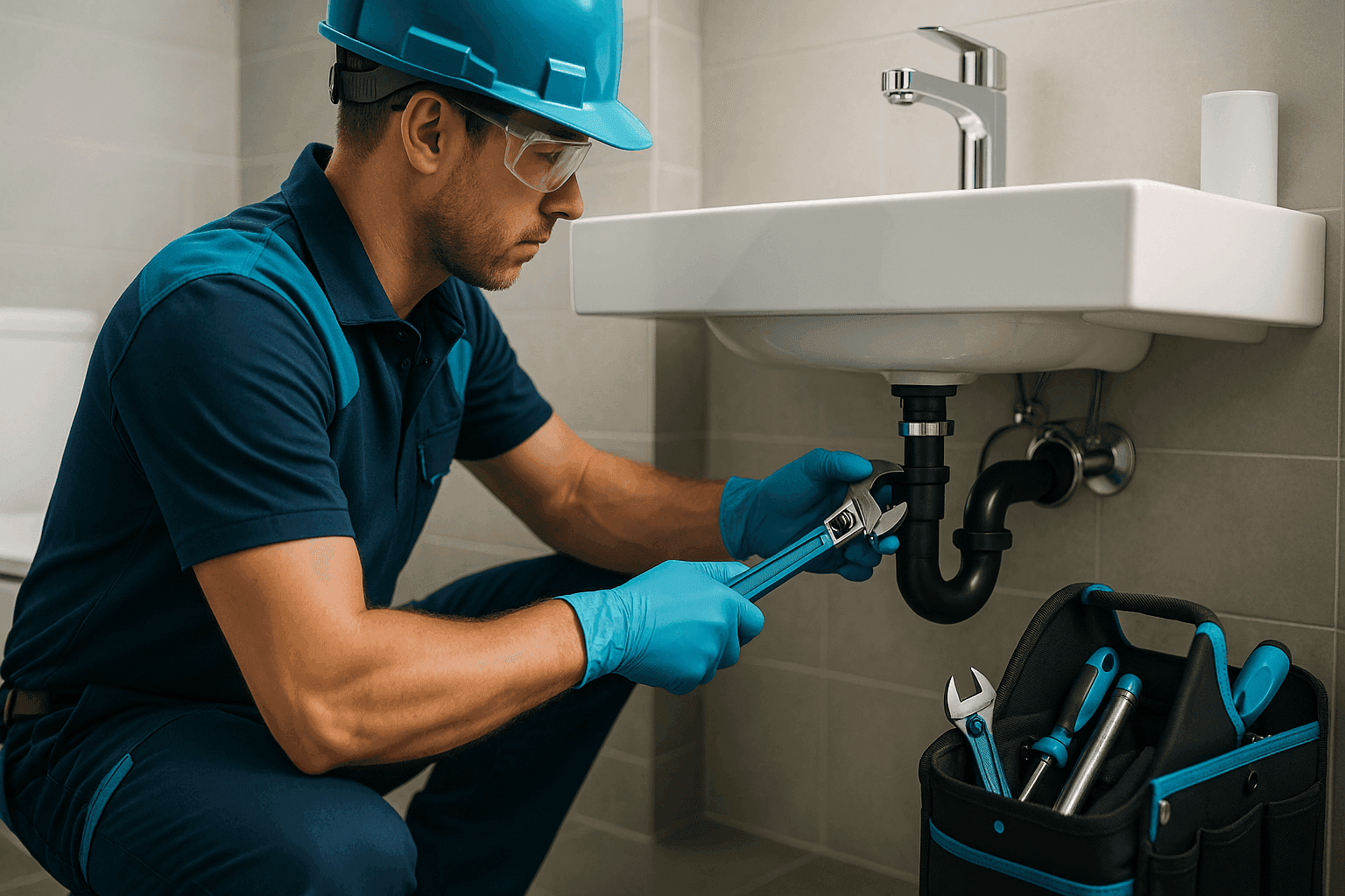Professional plumber wearing safety gear fitting pipes under a clean residential bathroom sink