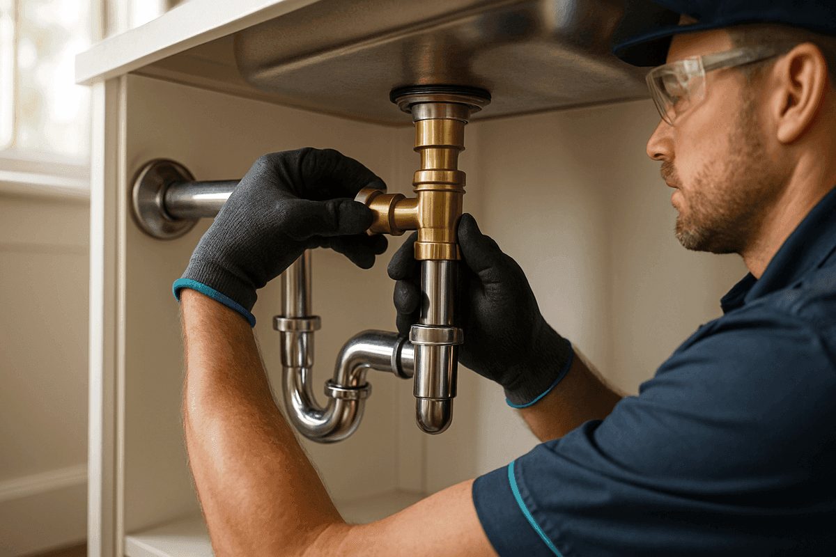 Close-up of plumber’s gloved hands adjusting brass pipe fitting under kitchen sink